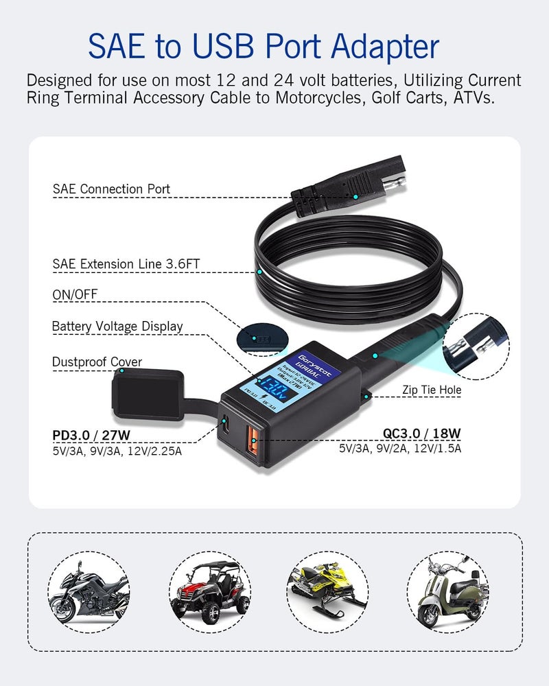 Garystat Motorcycle USB-C Charger, SAE to USB Adapter, 27W Dual Port USB Fast Charger with Voltmeter/Ammeter & ON/Off Switch, Perfect for Charging Phone, Tablet, GPS etc - Image 3